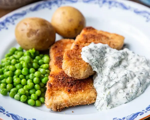 Panerad fisk med kokt potatis, gröna ärtor och en krämig skolans dillsås.
