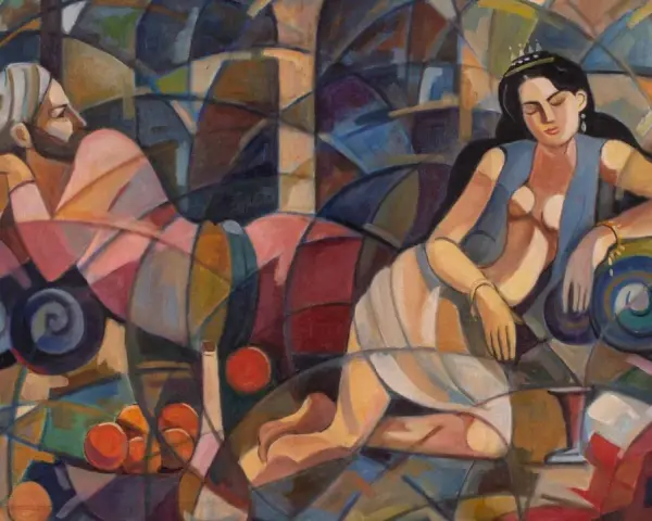 Un homme et une femme dans un décor géométrique, dans le style d'un peintre cubiste.