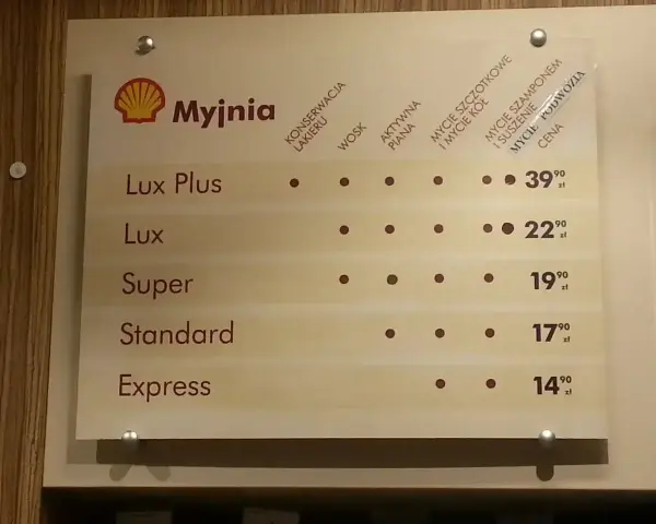 Cennik myjni automatycznej Shell: ile kosztuje mycie samochodu? Od 14,90 zł za Express do 39,90 zł za Lux Plus.