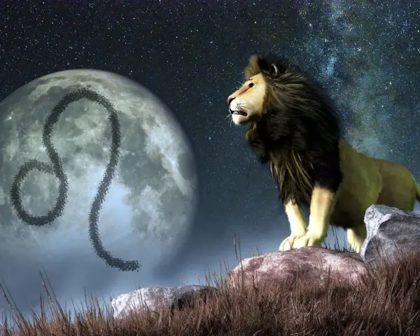 Lew na tle księżyca z symbolem Lwa. Nocne niebo pełne gwiazd. Ascendent w Lwie.