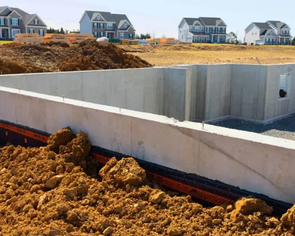 Betonowa ława fundamentowa w wykopie, otoczona ziemią. W tle nowe domy w budowie.