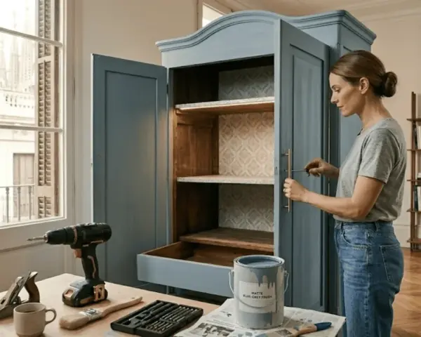 Mujer restaurando muebles antiguos, pintando un armario azul con detalles de papel tapiz. Herramientas y pintura a la vista.