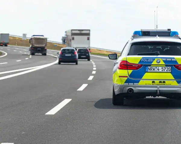 Niemiecki radiowóz na autostradzie, jadący za innymi pojazdami.