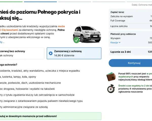 Wybierz pełne pokrycie dla wynajmu samochodu na Sycylii. Ochrona obejmuje uszkodzenia, kradzież i inne zdarzenia.
