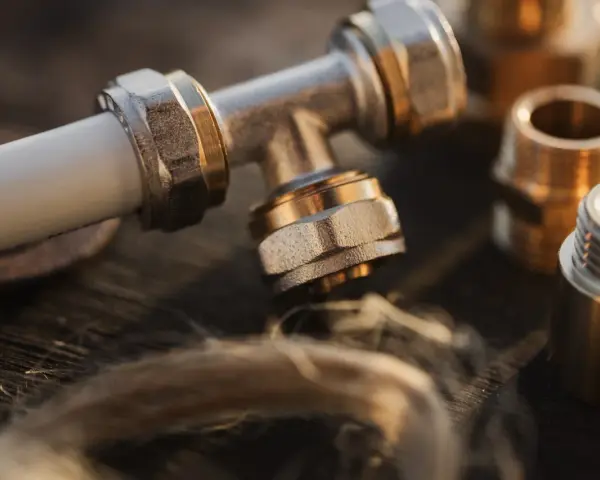 Metalowe złączki hydrauliczne, w tym trójnik i nypel, leżą na drewnianym blacie obok pęczka lnu.