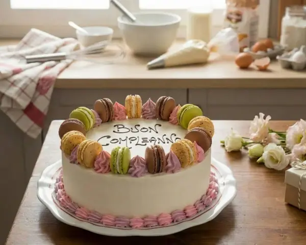 Torta di compleanno decorata con macarons, perfetta tra le torte di compleanno semplici da fare in casa.