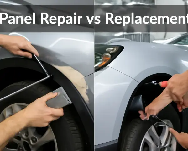 Split image shows auto body damage repair on the left and panel replacement on the right.