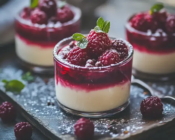 Tre läckra panna cotta i glas, toppade med hallon och mynta. Pudrade med florsocker.