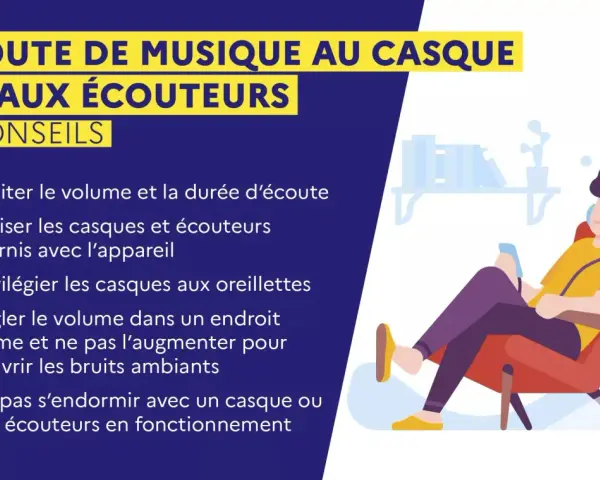 Un jeune homme écoute de la musique au casque, détendu dans un fauteuil. Conseils pour ne pas entendre trop bien et protéger son audition.