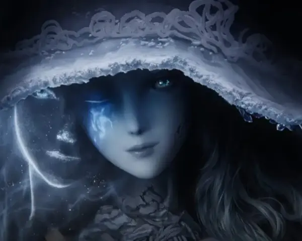 Ranni, la bruja de Elden Ring, con un velo helado y ojos brillantes, envuelta en energía cósmica.
