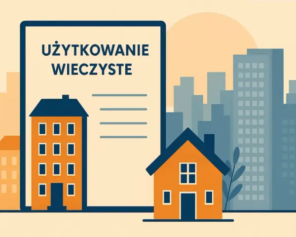 Dokument z napisem "UŻYTKOWANIE WIECZYSTE" obok domków i wieżowców.