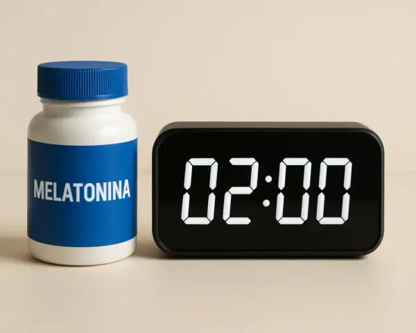 Flacone di melatonina accanto a un orologio digitale che segna le 02:00.