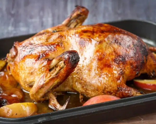 Goldbraun gebratene Ente mit Äpfeln in einer Bratenform. Perfekt zum Ente zubereiten.