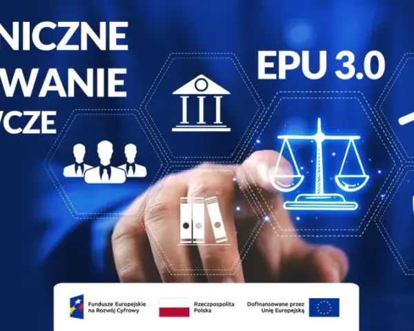 Elektroniczne postępowanie upominawcze (e-sąd) to cyfrowa ścieżka do złożenia pozwu o zapłatę. Grafika przedstawia symbole prawa i sprawiedliwości.