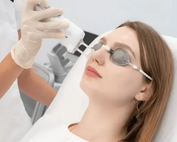 Fizykoterapia laserowa w klinice. Czas zabiegu laserem na twarz, pacjentka w okularach ochronnych.