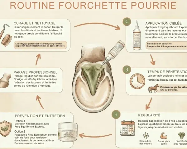 Routine pour une fourchette pourrie de cheval au pré : nettoyage, application ciblée, temps de pénétration, régularité, prévention et parage professionnel.