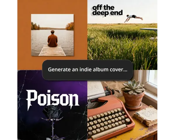 Vier Beispiele für album cover ai: Mann auf Steg, Sprung ins Gras, schwarze Rose mit "Poison", Schreibmaschine.