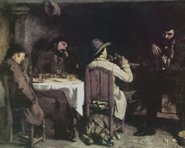 Obras de arte de Gustave Courbet: hombres reunidos en una taberna, uno toca la flauta, otro bebe, un perro duerme.