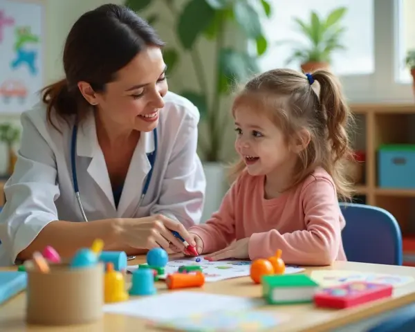Uśmiechnięta terapeutka pedagogiczna z dzieckiem przy biurku, pełnym kolorowych materiałów do zabawy i nauki.