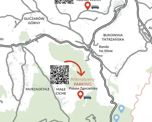 Mapa z zaznaczonymi drogami, miejscowościami (Zakopane, Bukowina Tatrzańska) i alternatywnym parkingiem.