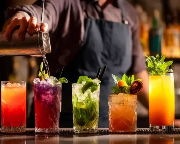 Barman przelewa drinka z shakera. Na blacie stoi rząd kolorowych koktajli, każdy ozdobiony owocami i miętą. Idealny przykład, jak zrobić dobry drink.