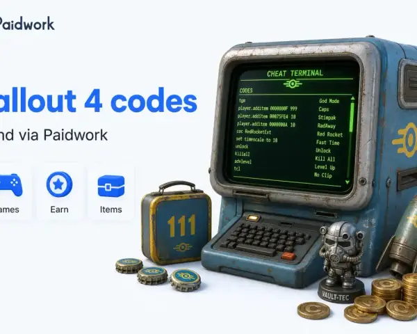 Terminal de Fallout 4 mostrando códigos para "God Mode", "Caps" y más. Ideal para jugadores que buscan trucos.