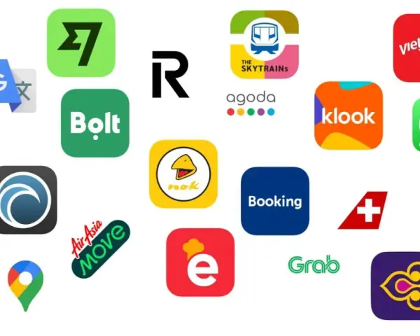 Apps für Reisen und Kommunikation in Thailand: Grab, Bolt, Klook, Agoda, Booking, Line, WhatsApp, Google Translate, Vietjet, Thai Lion Air, Air Asia Move.