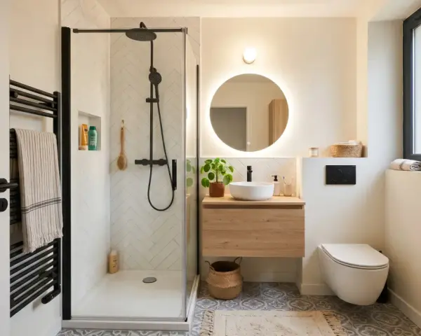 Salle de bain moderne avec douche à l'italienne aux dimensions parfaites, meuble vasque en bois, miroir rond lumineux et WC suspendu.