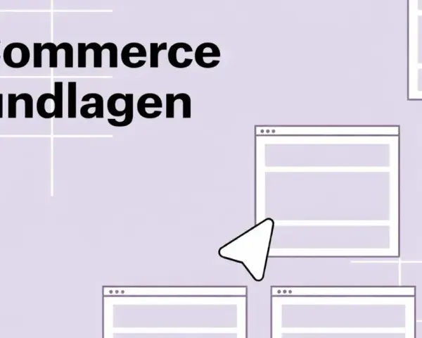 E-Commerce Grundlagen: Ein Mauszeiger navigiert durch eine schematische Darstellung von Webseiten, die den Aufbau des elektronischen Handels verdeutlichen.