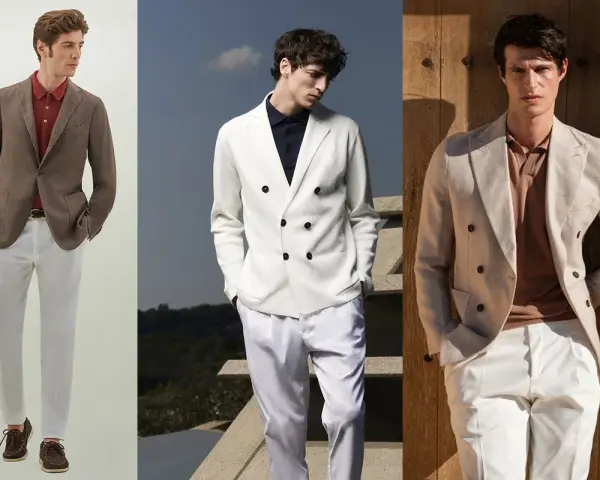 Tre uomini mostrano un elegante abbinamento polo e giacca, con pantaloni chiari per un look estivo raffinato.
