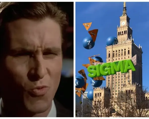 Patrick Bateman z "American Psycho" i Pałac Kultury w Warszawie, nad którym unosi się napis "SIGMA" i przekąski.