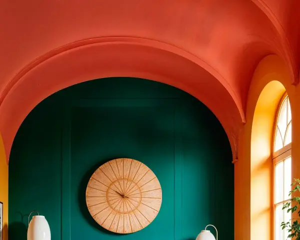 Fotos de paredes y techos pintados en tonos vibrantes: naranja, verde esmeralda y coral. Un reloj de madera decora la pared.