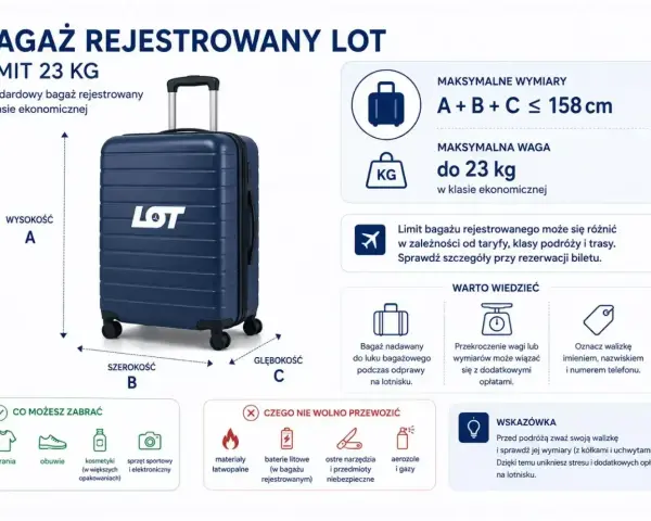Bagaż rejestrowany LOT: maksymalne wymiary A+B+C ≤ 158 cm, waga do 23 kg. Sprawdź wymiary walizki przed podróżą.