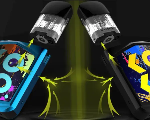 Dos dispositivos koko vape, uno azul y otro negro, con cartuchos listos para ser insertados. Flechas amarillas indican la conexión.