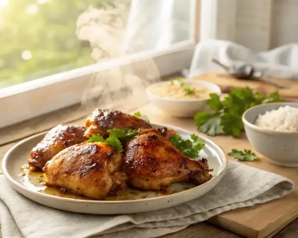 Une assiette de cuisse de poulet au four, dorée et fumante, garnie de persil frais. Du riz blanc et une purée de céréales sont servis à côté.