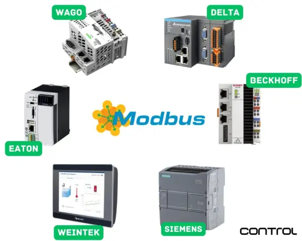 Modbus: urządzenia WAGO, Eaton, Delta, Beckhoff, Siemens i Weintek.