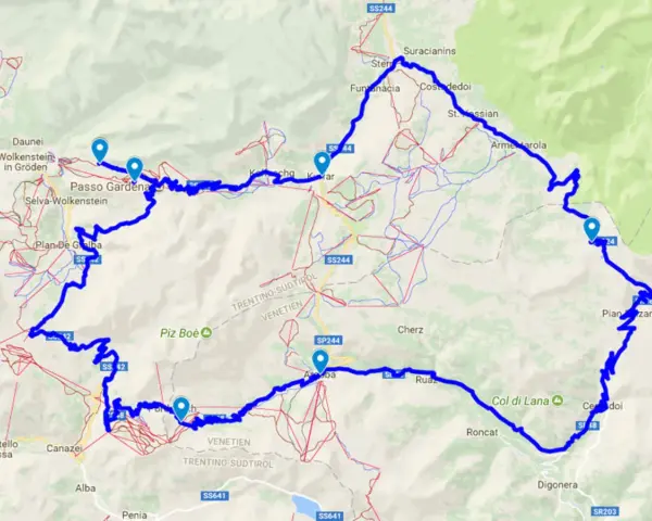 Mappa del percorso ciclistico che include il passo selva, con tappe segnate da puntatori blu tra Selva di Val Gardena, Passo Gardena e Col di Lana.