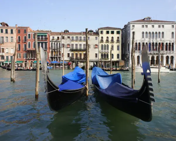 Gondole ormeggiate sul Canal Grande, pronte per le escursioni a Venezia. Edifici storici sullo sfondo.