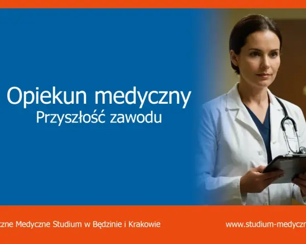 Opiekun medyczny: ile trwa nauka? Kobieta w białym fartuchu z latem trzyma dokumenty.