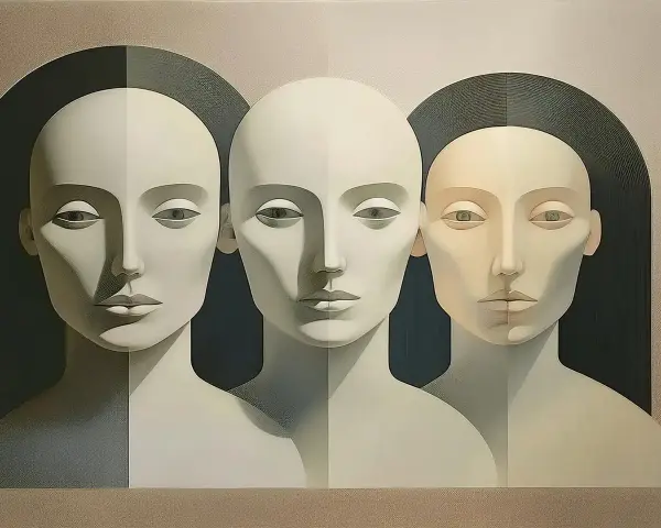 Trzy twarze, od jasnej do ciemnej, próbują być emocjonalne, ale ich rysy są zbyt geometryczne.