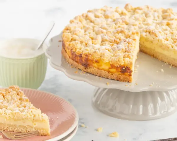 Ein saftiger Streuselkuchen mit Puddingfüllung, bestäubt mit Puderzucker, neben einer Tasse Cappuccino.