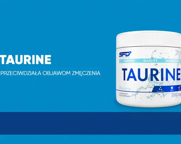 Biały pojemnik z suplementem diety Taurine, który przeciwdziała objawom zmęczenia. Idealny dla sportowców.
