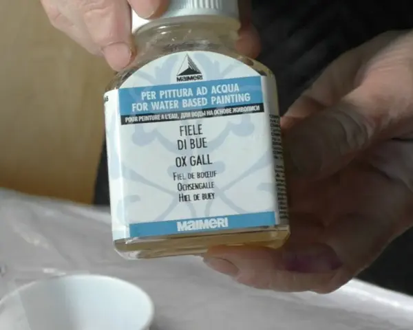 Flaccone di "Fiele di Bue" Maimeri, un additivo per pittura ad acqua. Serve a migliorare la bagnabilità e la stesura del colore.