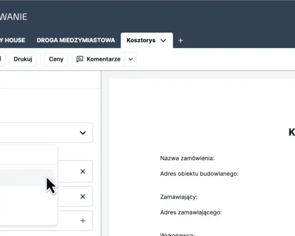 Wybieranie szablonu "Kosztorys ofertowy" do eksportu kosztorysu inwestorskiego.