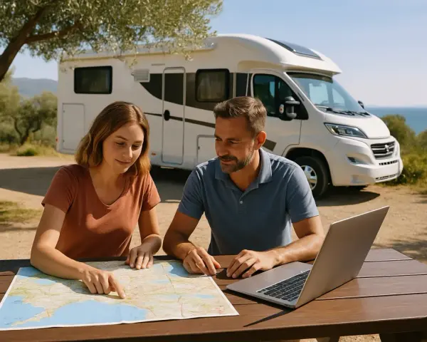 Para planuje podróż kamperem po Grecji, studiując mapę i laptopa przy stole piknikowym.