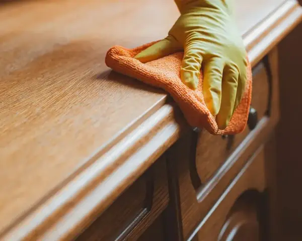 Rękawiczka i ściereczka czyszczą drewnianą szafkę. Dowiedz się, czym zmyć klej z szafki, by przywrócić jej dawny blask.