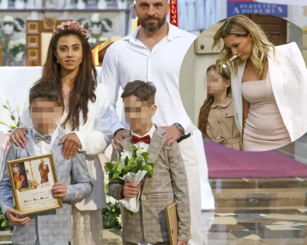Aleksander Hyży z rodziną podczas uroczystości. Dzieci w eleganckich strojach, mama w wianku, a w tle wstawka z kobietą i dziewczynką.