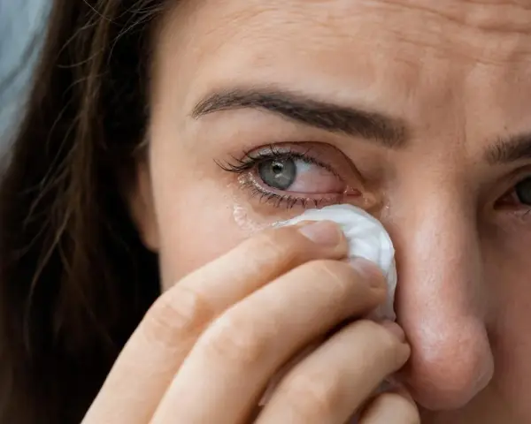 Occhi lacrimosi: una donna si asciuga le lacrime con un fazzoletto. Le cause possono essere molteplici, dal dolore alla stanchezza.