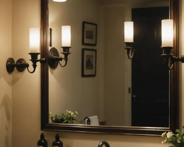 Eleganckie kinkiety z mlecznymi kloszami zamontowane są nad lustrem, tworząc przytulną atmosferę.