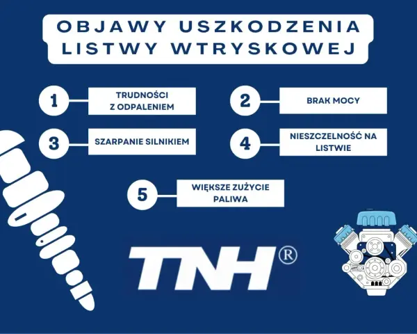 Objawy uszkodzenia listwy wtryskowej: trudności z odpaleniem, brak mocy, szarpanie silnikiem, nieszczelność, większe zużycie paliwa. Warto skontrolować układ wtrysku paliwa.